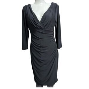 Lauren Ralph Lauren Dress Black Sleeveless Faux Wrap Midi V-Neck Stretch Size 6